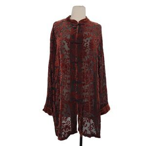 Vtg Yi Lin Rayon Silk Burgundy Sheer Velvet Blouse Sz 1X Asian Pankou Buttons